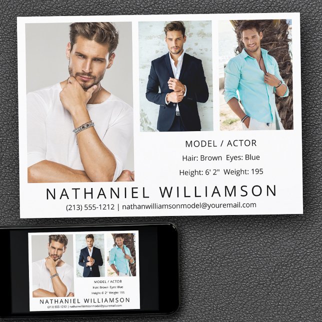Modern Pro Model Actor 3 Photos Comp Card (Customize to change background color, text size, style or to add more photos to back of card.)