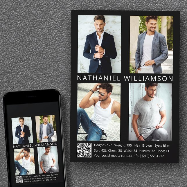 Modern Pro Model Actor 4 Photo QR Code Comp Card (Customize to change background color, text size, style or to add more photos to back of card.)