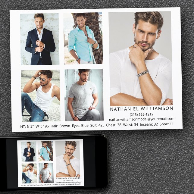 Modern Pro Model Actor 5 Photos Comp Card (Customize to change background color, text size, style or to add more photos to back of card.)