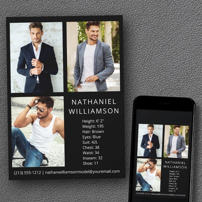 Modern Pro Model and Actor 3 Photo Comp Card (Customize to change background color, text size, style or to add more photos to back of card.)