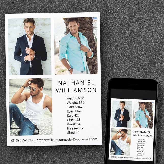 Modern Pro Model and Actor 3 Photos Comp Card (Customize to change background color, text size, style or to add more photos to back of card.)