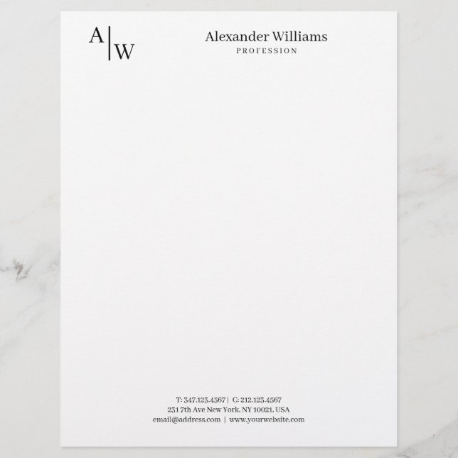 Modern Professional 2 Monogram Minimalist Black Letterhead (Front)