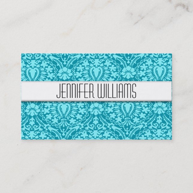 Modern Professional Aqua Damask Business Cards (Front)
