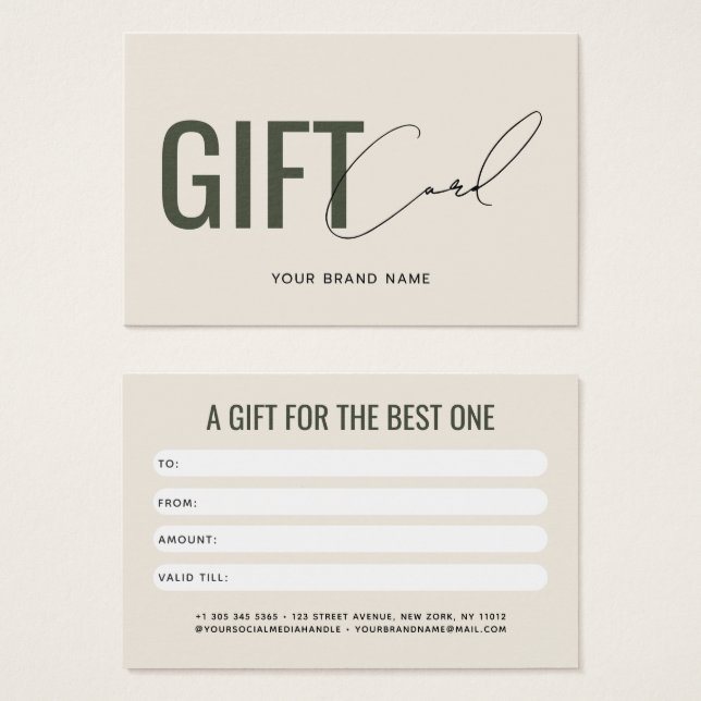 Modern professional beige green customer gift card (Front & Back)