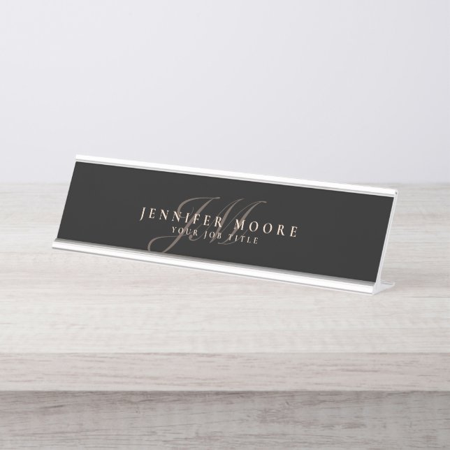 Modern Professional Black and Gold Monogrammed Desk Name Plate (Front)