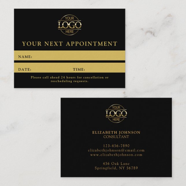 Modern Professional Black & Gold Simple Reminder Appointment Card (Front/Back)
