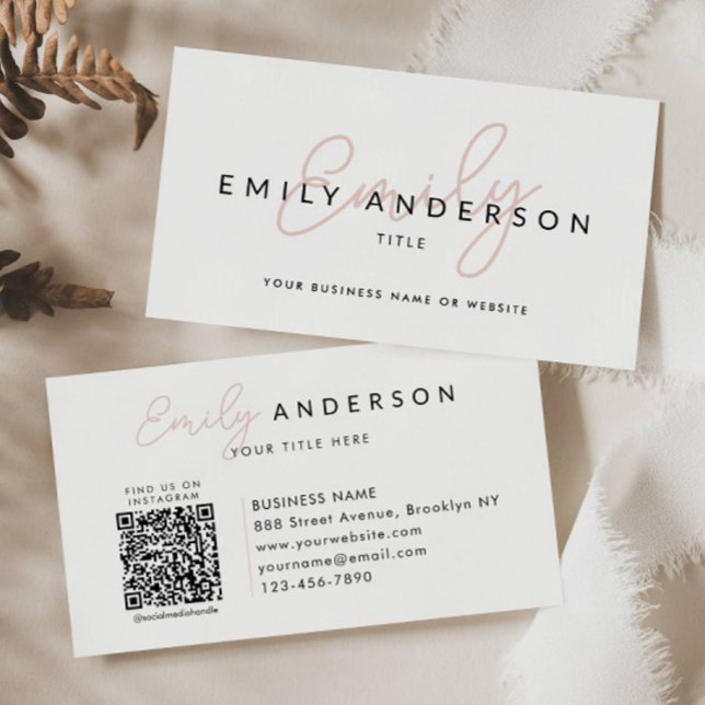 Modern Professional Blush Pink Script Name QR Code Business Card (Creator Uploaded)