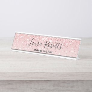 Modern Professional Blush Pink Sparkle Glitter Des Desk Name Plate