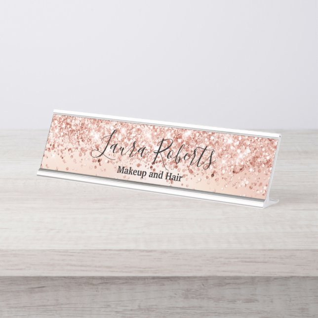 Modern Professional Blush Pink Sparkle Glitter  Desk Name Plate (Front)