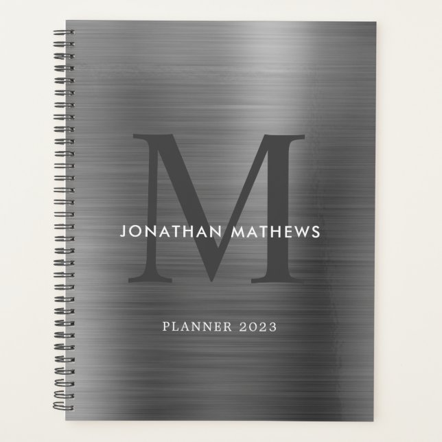 Modern Professional Brushed Metallic Grey Monogram Planner (Front)