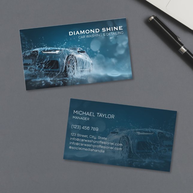 Modern Professional Car Detailing Washing Cleaning Business Card (modern luxury blue sports car in the splash of water and soap foam for car detailing business)