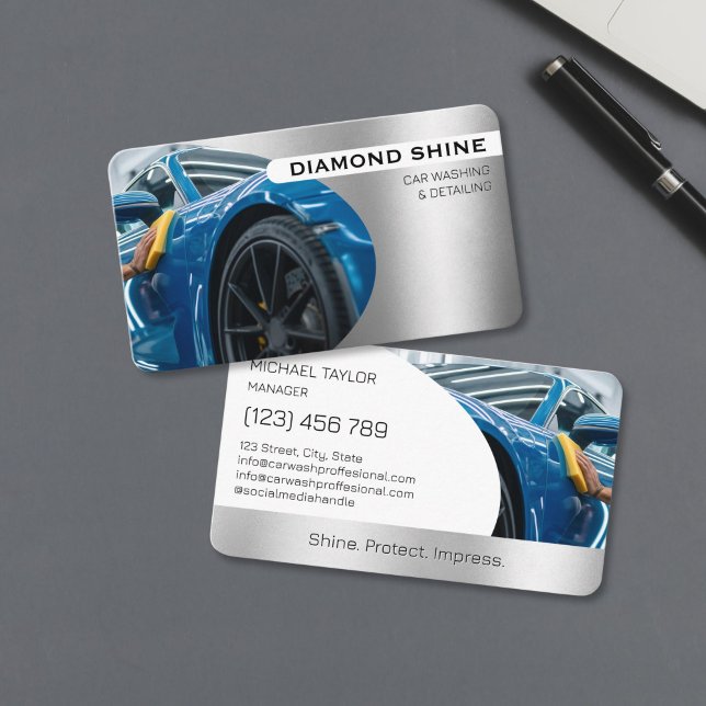 Modern Professional Car Detailing Washing Cleaning Business Card (car detailing photo on the silver metal background)