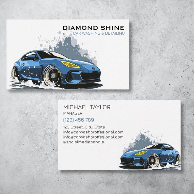 Modern Professional Car Detailing Washing Cleaning Business Card (modern blue  sports car with water splash)