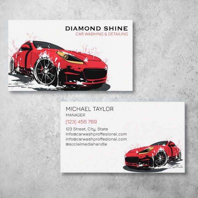 Modern Professional Car Detailing Washing Cleaning Business Card (modern red sports car with water splash)