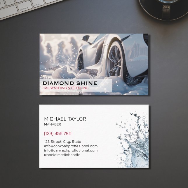 Modern Professional Car Detailing Washing Cleaning Business Card (white sports car wash foam )