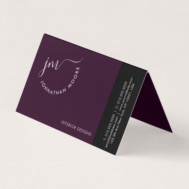 Modern Professional Curvature Plum Fancy Script Business Card (Front)