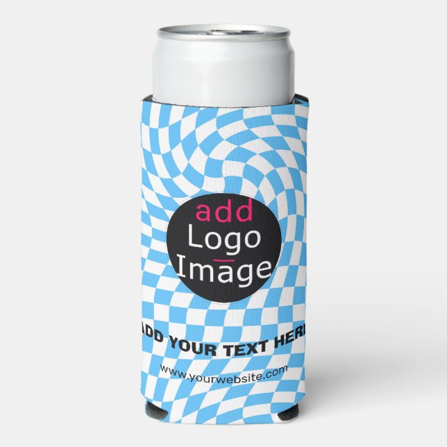 Modern Professional Custom Business Chequered Blue Seltzer Can Cooler (Seltzer Front)