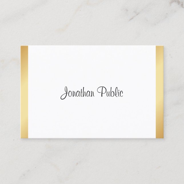 Modern Professional Elegant Handwritten Gold White Business Card (Front)