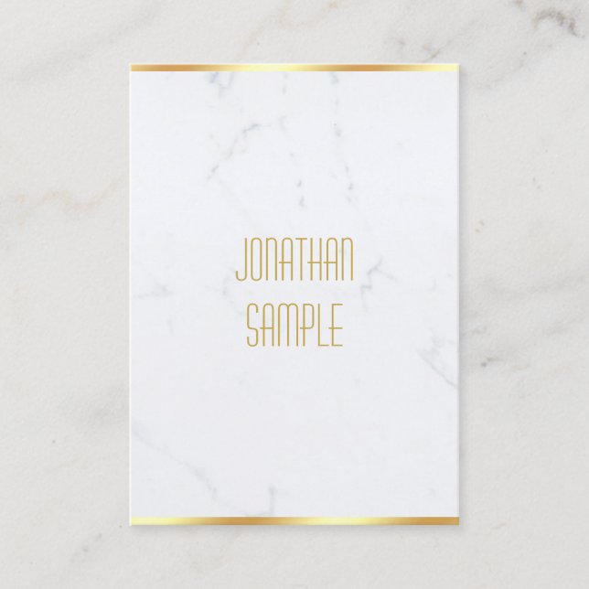 Modern Professional Elegant White Marble Gold Text Business Card (Front)