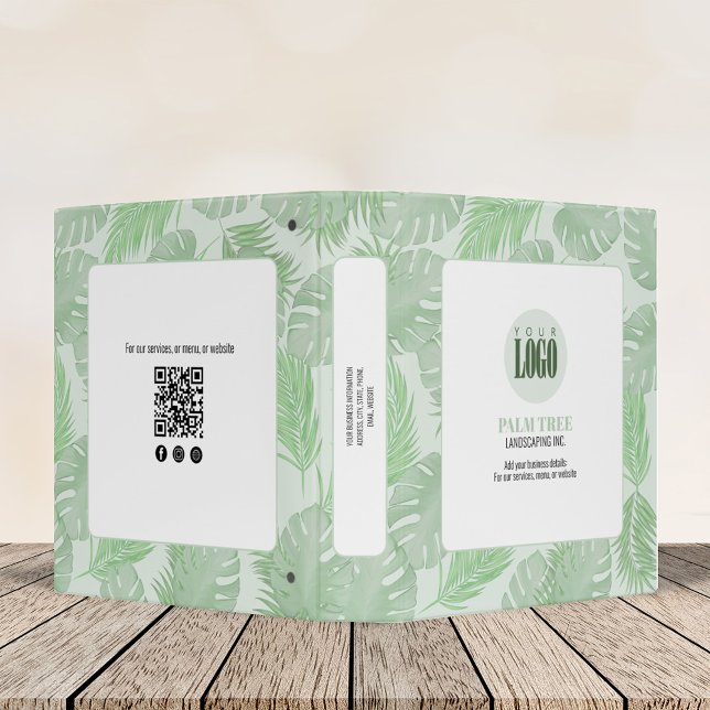 Modern Professional Green Palm Leaves Binder (Botanical palm leaves custom logo promotional three ring binder.)