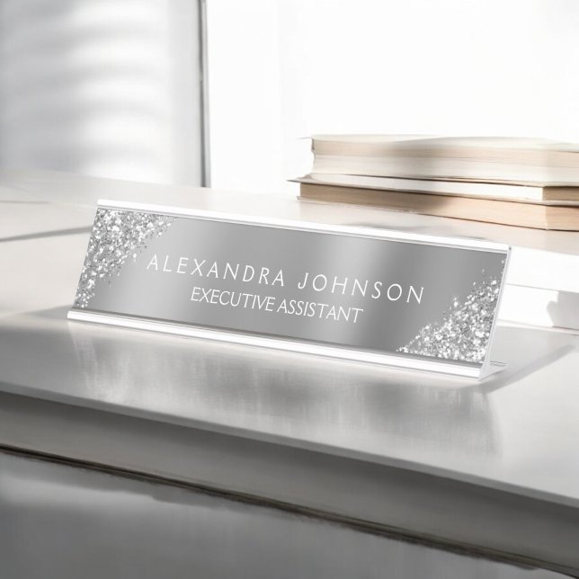 Modern Professional Luxury Silver Sparkle Glitter Desk Name Plate (Creator Uploaded)
