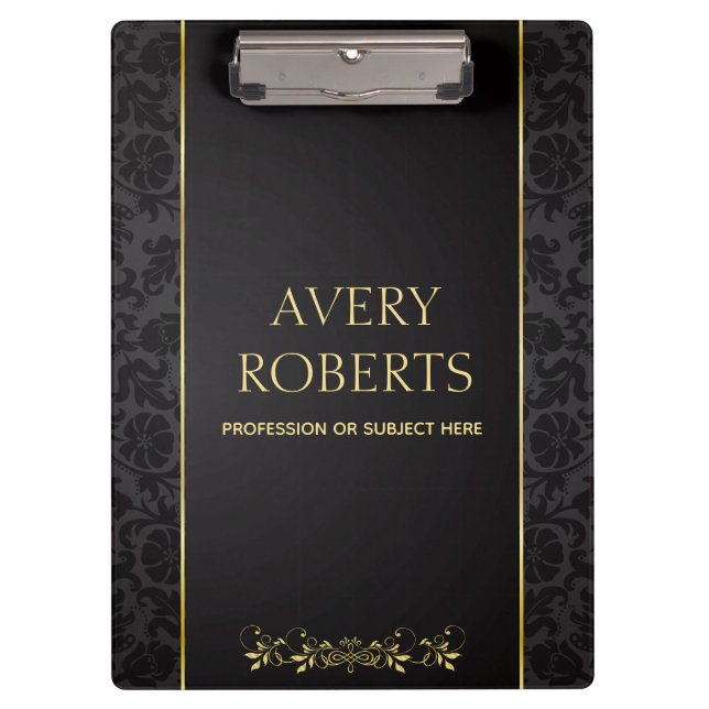 Modern Professional Metallic Floral black gold Clipboard (Front)