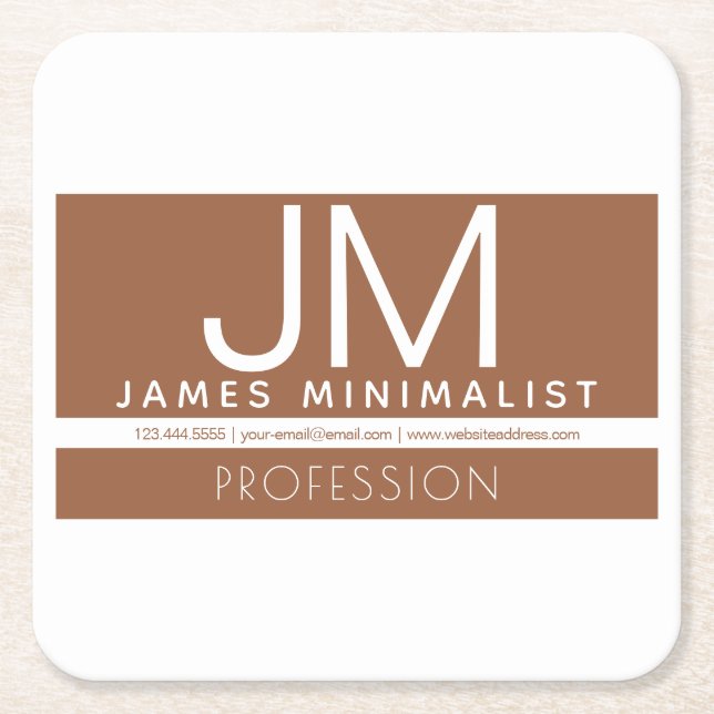 Modern Professional Minimal Design | Brown & White Square Paper Coaster (Front)