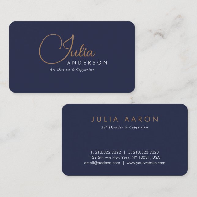Modern Professional Navy Blue and Gold Script Business Card (Front/Back)