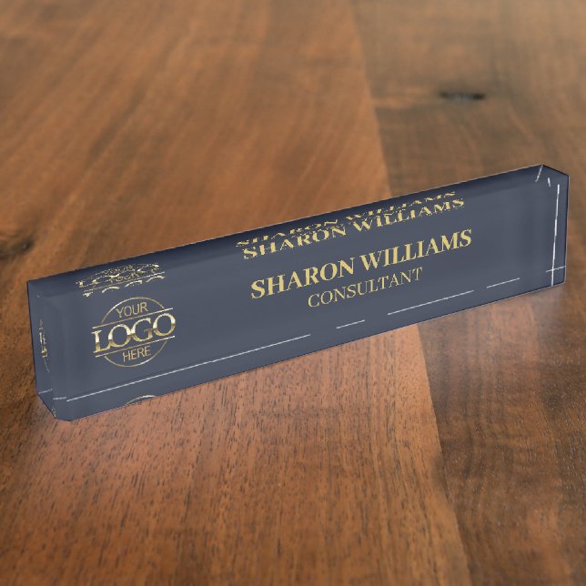 Modern Professional Navy Blue Gold Office Title Nameplate (Side)