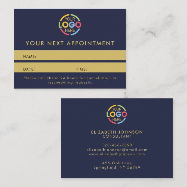 Modern Professional Navy Blue Gold Simple Reminder Appointment Card (Front/Back)