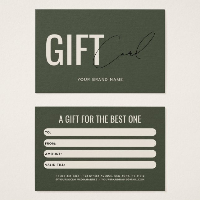 Modern professional olive green customer gift card (Front & Back)