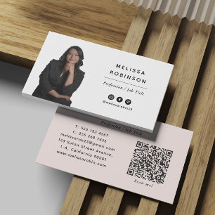Modern Professional Photo and QR Code Blush Pink Business Card