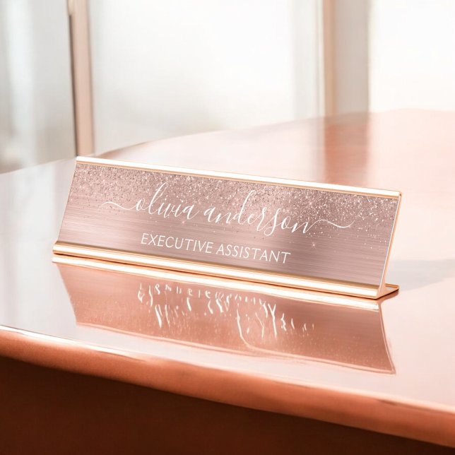 Modern Professional Rose Gold Sparkle Glitter Desk Name Plate (Creator Uploaded)