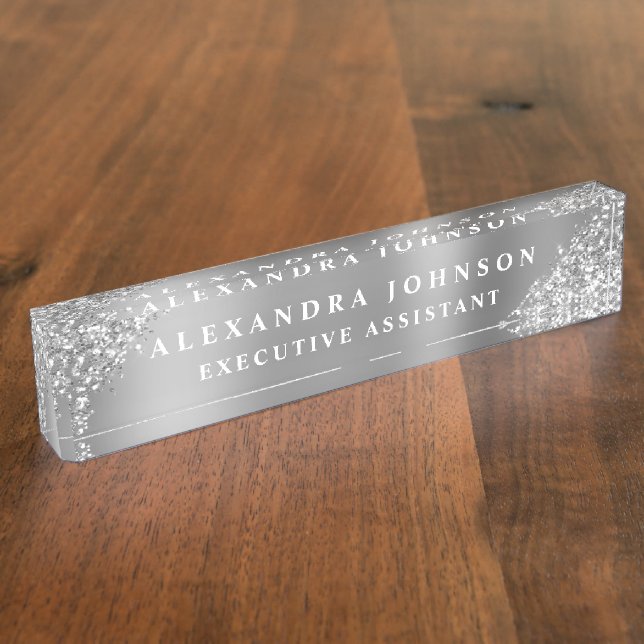 Modern Professional Silver Sparkle Glitter Nameplate (Side)