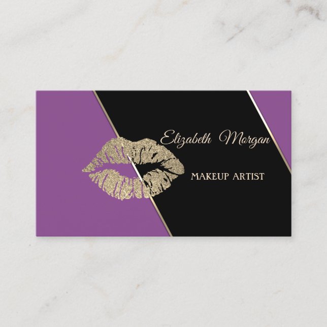 Modern Professional Violet Stripe Glittery Lips Business Card (Front)