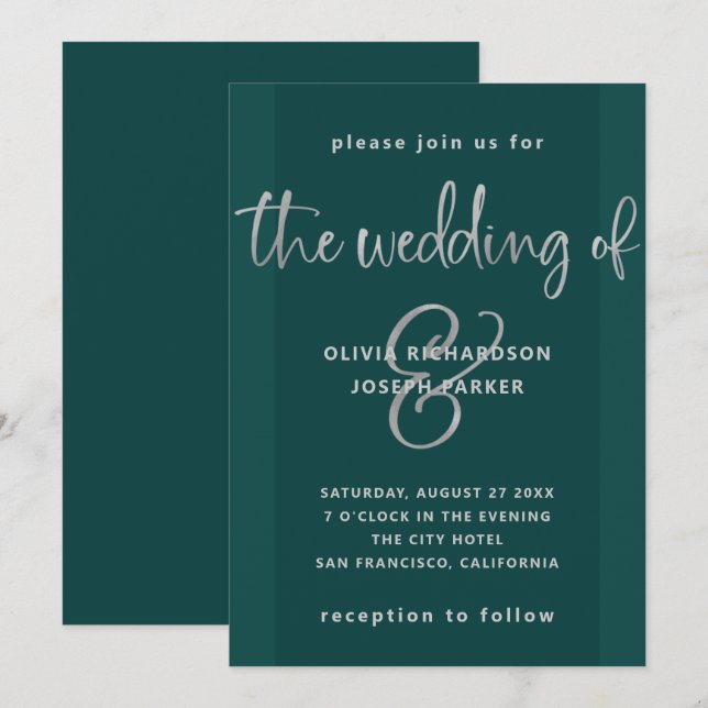 Modern Proposal | Emerald Green and Silver Wedding Invitation (Front/Back)