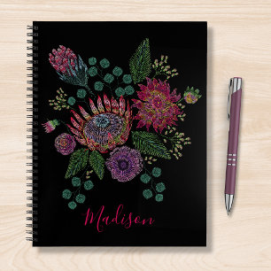Modern Protea Floral Stitched Personalized Name Notebook