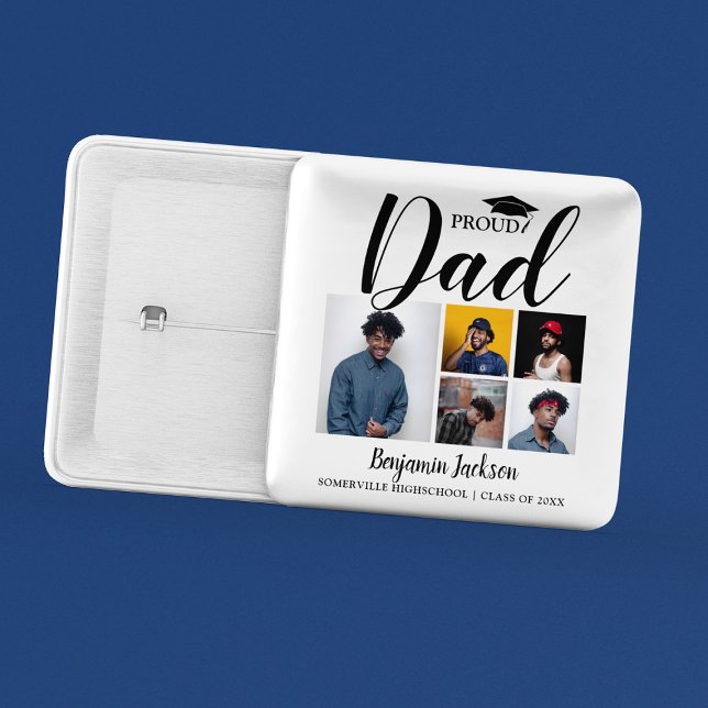 Modern Proud Dad | 5 Photo Graduation T-Shirt 2 Inch Square Button (Creator Uploaded)