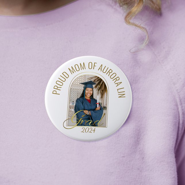 Modern Proud Mom of the Grad Custom Photo Boho 4 Inch Round Button (Creator Uploaded)
