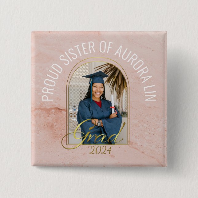 Modern Proud Sister of the Grad Custom Photo Boho 2 Inch Square Button (Front)