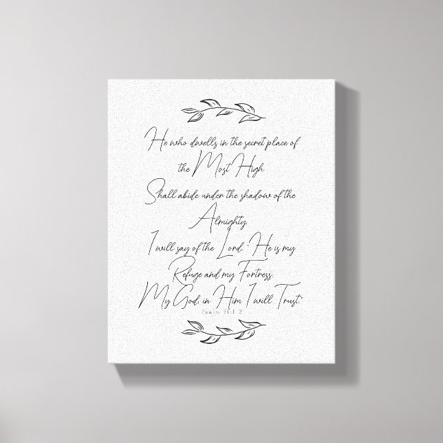 Modern Psalm 91 Black and White Leaves Christian Canvas Print (Front)