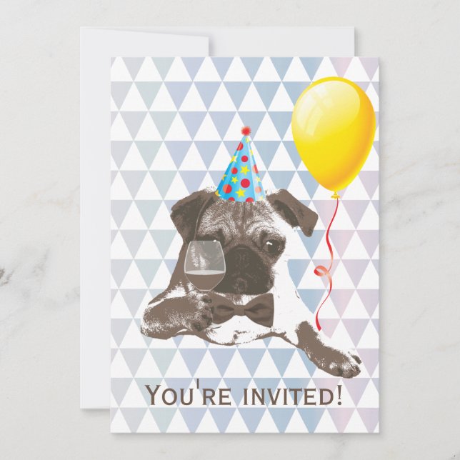 Modern Pug & Wine Birthday Party Invitations (Front)