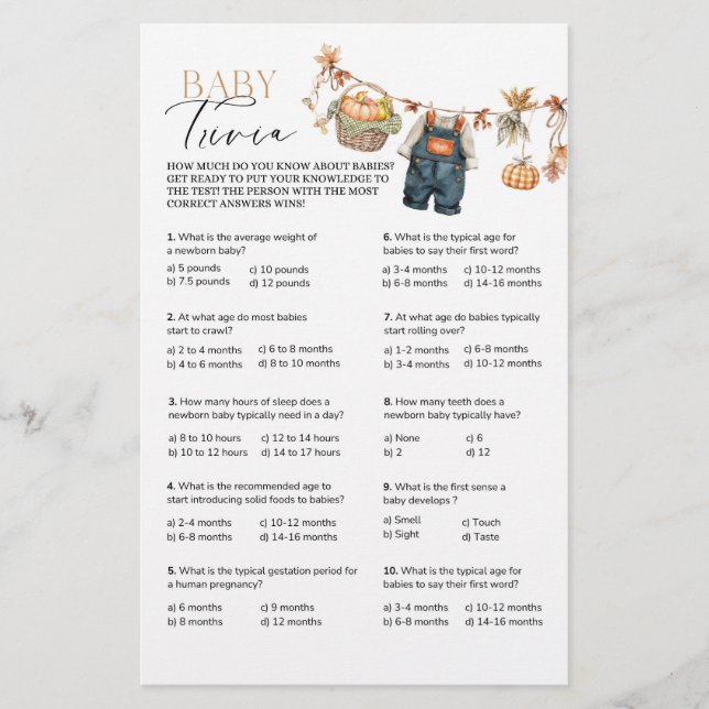 Modern Pumpkin Baby Shower Trivia Game (Front)