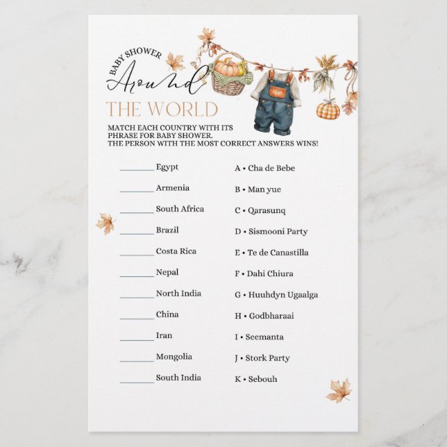 Modern Pumpkin Fall Baby Shower Game (Front)