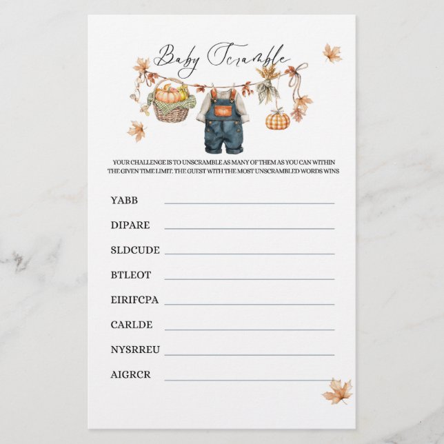 Modern Pumpkin Fall Baby Shower Scramble Game (Front)