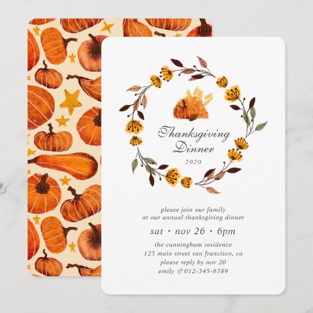 Modern Pumpkin Floral Wreath Thanksgiving Invitation (Front/Back)
