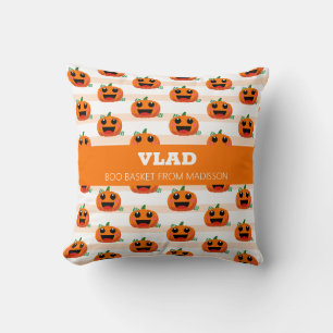 Modern Pumpkin Halloween Boo Basket Throw Pillow