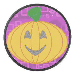 Modern Pumpkin on Purple Geometric Hockey Puck