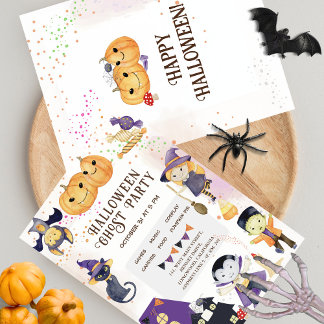 Modern Pumpkin Purple Orange Cute Kids Halloween Invitation