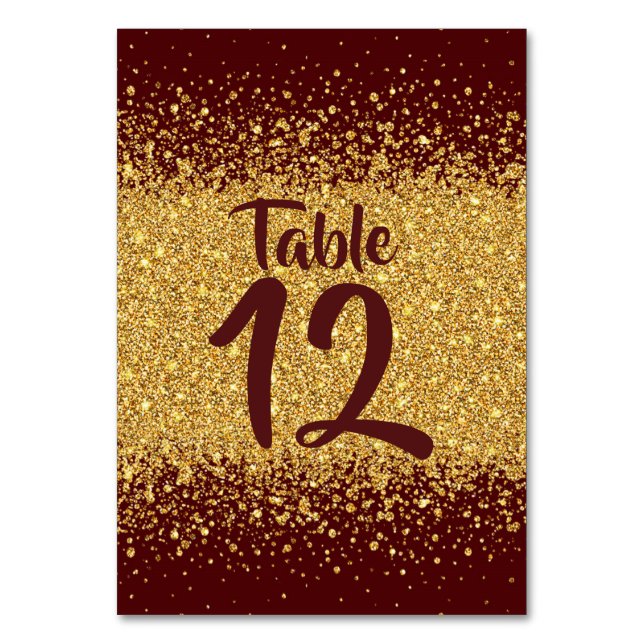 Modern Pure Gold Glitter and Burgundy Table Number (Front)